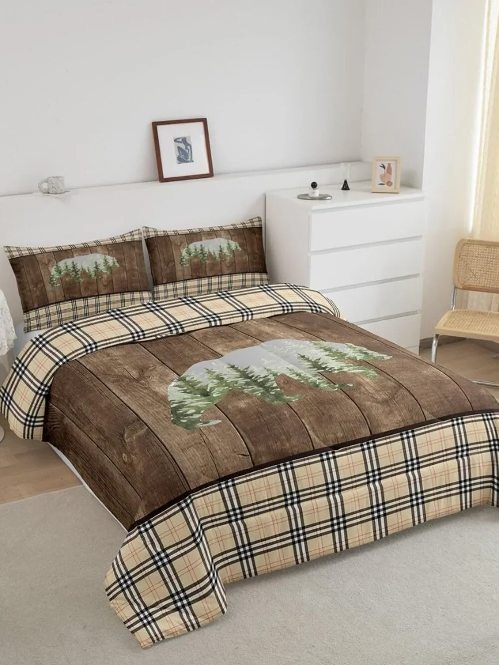 Bear Cabin Comforter Set Vintage Plaid Brown Wooden Stripes Bedding Set for Kids